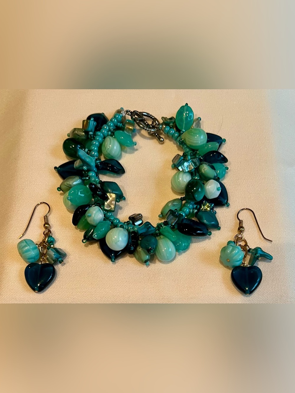 Sea Glass Blue & Teal Beaded Cluster Bracelet and Earring Set